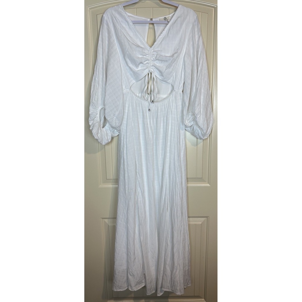 Entro White Maxi Dress Size Medium Puff Sleeve Open Front Cottagecore Prairie